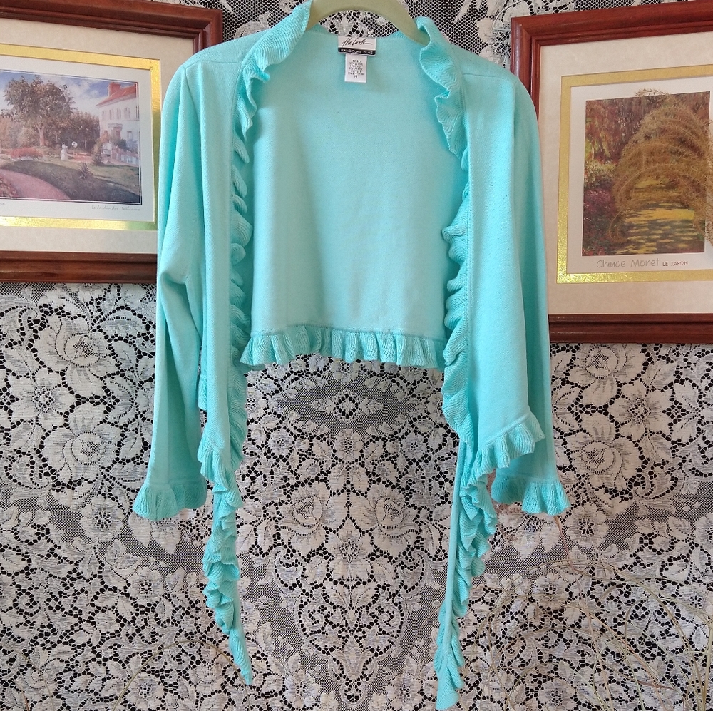 Randolph Duke light blue silk blend cropped open cardigan shrug ruffled edges